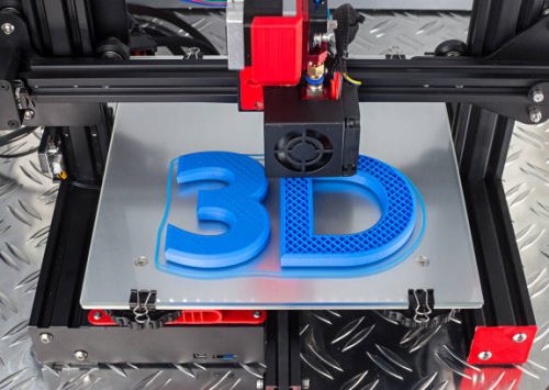 Red black 3D printer printing blue logo symbol on metal diamond plate future technology modern concept background